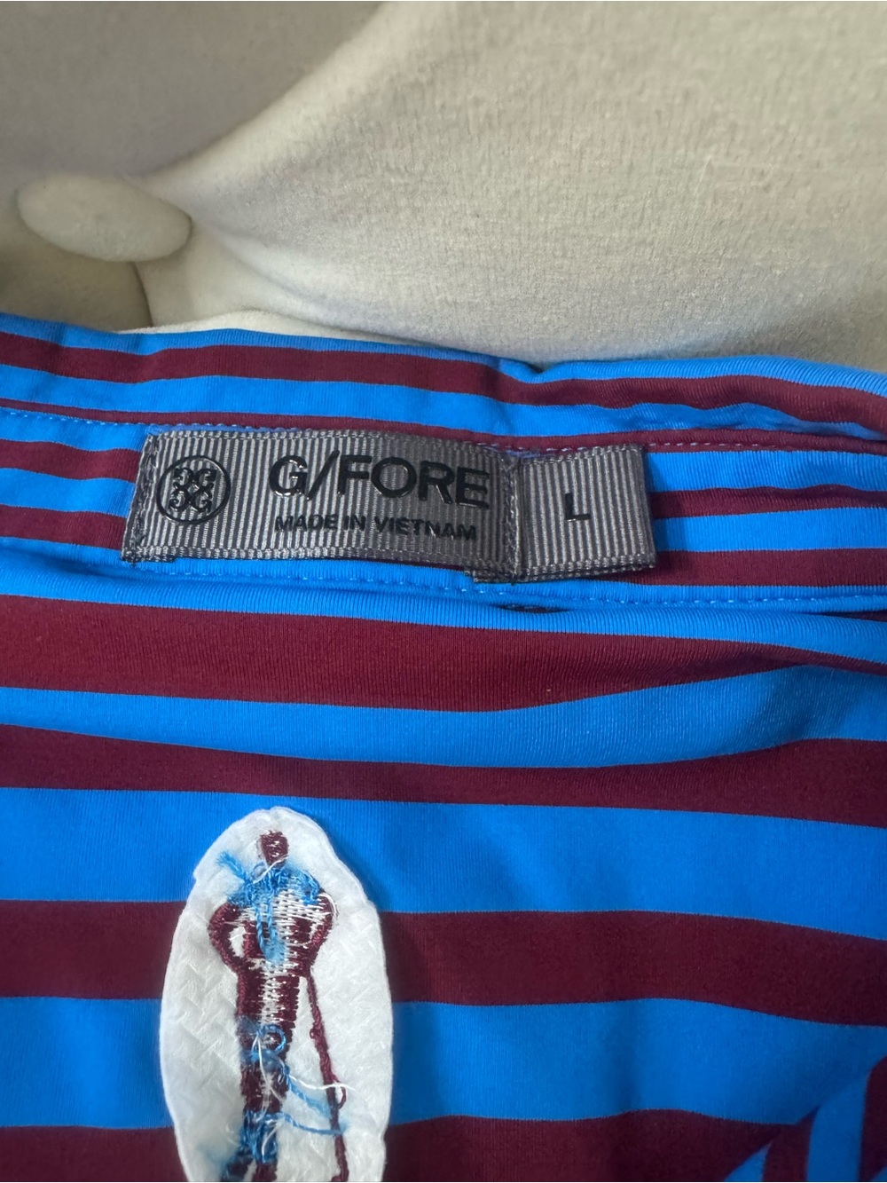G/FORE Blue and Burgundy Striped Golf Polo. - Picture 5 of 6